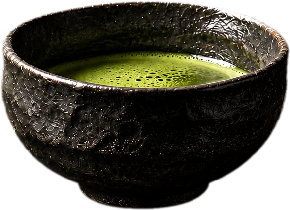 Artisanal ceramic tea bowl filled with rich ceremonial green matcha tea